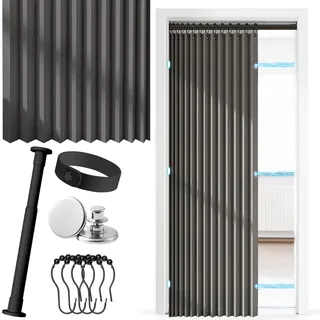 Türvorhang Ohne Bohren, Thermo Türvorhang mit Teleskopstange, Magnetischer Raumteiler für Tür und Zimmer, Geeignet für Thermovorhang, Falttür, Schrankvorhang, Raumteiler und Küchentüren (Grau)