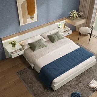 Abrihome Klassische Betten Holzbett 180x200cm mit 2 LED Nachtkommoden & USB, Doppelbett inkl. 2 Nachttischen, Weiß (Ohne Matratze) - Weiß