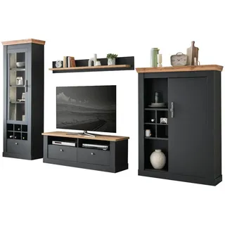 IMV Wohnwand "Ribera" grau und Wotan Eiche Landhaus Wohnkombination 4-teilig 334x201 cm, Soft-Close - Dunkelgrau, Naturbelassen