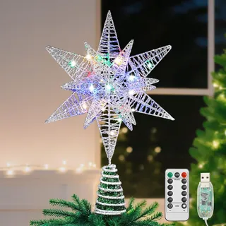 Lewondr Weihnachtsbaum Spitze Stern, 3D Sechseckig LED Lampe Weihnachtsstern Baumspitze mit Timer/8 Lichtmodi, USB-betrieben Fernbedienung Weihnachtsdeko Weihnachtsbaum Stern,Buntes Licht, Silber Weiß