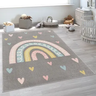Kinderteppich PACO HOME "Nino 887", grau, B:160cm H:13mm L:220cm, Polypropylen, Teppiche, Kinderteppich, Kurzflor, Spielteppich, Motiv Regenbogen & Herzen, Kinderzimmer