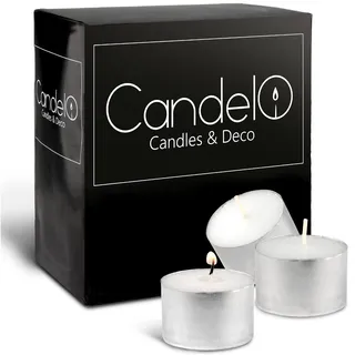 Candelo 100 XXL Teelichter mit 8 Stunden langer Brenndauer - Großpackung Teelichter in Aluminium Hülle geruchsneutral in Weiß