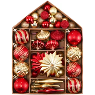 Valery Madelyn Weihnachtskugeln 70 Stück Kunststoff Christbaumkugeln,Christbaumschmuck hängend Glänzend Glitzernd Matt Weihnachtsbaumschmuck Dekoration Thema Rot Gold(M)