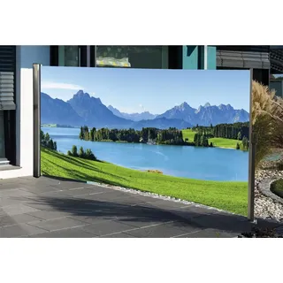 Seitenmarkise ausziehbar rechts, 160 cm hoch, Seitenrollo mit Fotodruck Berge - Bunt