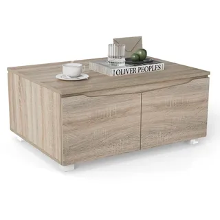 Costway Couchtisch mit Stauraum, Wohnzimmertisch rechteckig mit 4 Türen & rutschfeste Füße, Kaffeetisch, Sofatisch für Wohnzimmertisch, 80x60x37cm - Naturbelassen