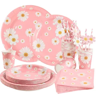 Easy Joy Gänseblümchen Deko Pappgeschirr Set kindergeburtstag mit Papiergeschirr Servietten Papierbecher für Geburtstagsdeko Mädchen Geburtstag Jubiläum Hochzeit Bachelorette Partygeschirr