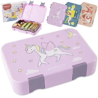 Bearfoot Brotdose Kinder BPA-frei – Lunchbox/Bento Box mit Fächern, für Mädchen & Jungen, Schule & Kindergarten (Einhorn)