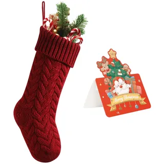 meioro Weihnachtsstrümpfe mit Grußkarte, 46cm/18in Große Größe Kabel Strick Weihnachtsstrümpfe, Kamin Hängende Weihnachtsstrümpfe für Urlaub Familie Party Festival Dekorationen (Rot, 1 Pack)