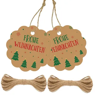 G2PLUS Braun "FROHE WEIHNACHTEN" Anhänger, 100 Stück Geschenkanhänger mit Frohe Weihnachten, 6CM Papier Weihnachtsanhänger mit Schnur, Weihnachten Etiketten Anhänger für Geschenk, Weihnachten Deko