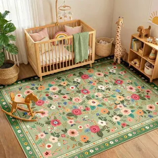 INOVADAY Waschbarer Teppich 90x150 cm Boho Stil Kurzflor rutschfest Blumen Print Design Teppich für Wohnzimmer Schlafzimmer Esszimmer Büro Kinderzimmer Hellgrün