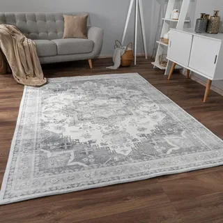 Paco Home Teppich Wohnzimmer Kurzflor rutschfest Weich Orientalisch Bordüre Ornament, 160x220 cm, Grau 3 - Paco Home