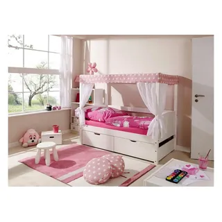 TICAA Himmelbett Lino Mini Kiefer weiß inkl. 2 Schubkästen stern-rosa