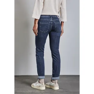 STREET ONE Gerade Jeans STREET ONE, Damen, Gr. 31, Länge 28, blau (authentic indigo wash), Jeans, 79% Baumwolle, 15% Polyester, 4% Elastomultiester, 2% Elasthan, bedruckt, normal, Jeans, Middle Waist