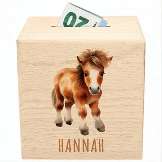 Pferde Spardose für Kinder personalisiert Sparbox aus Holz Sparschwein mit Schlüssel Taufgeschenk für Jungen Mädchen Holzspardose