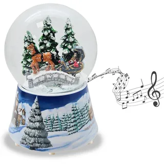 Schneekugel Weihnachten Spieluhr | Kutschfahrt Brücke | Sockel Winterlandschaft blau | Höhe: 14cm Breite 10 cm | 20291 (Kutsche Brücke Mittelblau)