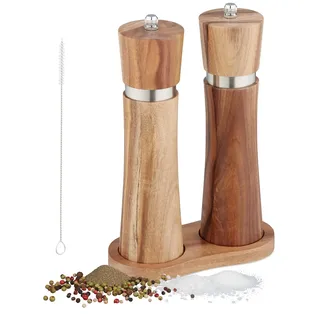 Relaxdays Salz und Pfeffermühle Set, manuell, Untersetzer, Keramikmahlwerk, Akazienholz & Edelstahl, braun/silber