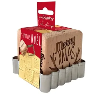 ScrapCooking SCRAP COOKING 5138 Backstempel aus Holz mit Weihnachtsmotiven, mit 1 Ausstecher, Keksausstecher & Würfel, Xmas mit 5 Seiten, graviert, Reliefform, Dekoration, silberfarben