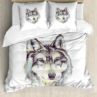 ABAKUHAUS Wolf Bettbezug, Hand gezeichnet Canine Kopf, Milbensicher Allergiker geeignet mit Kissenbezügen, 155 cm x 220 cm - 80 x 80 cm, Hellgrün Umber - Grün