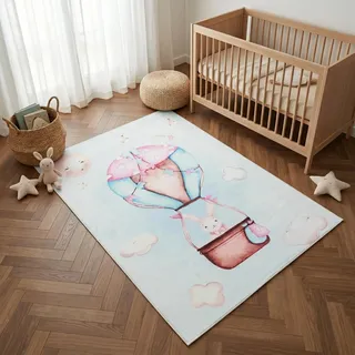 TAPISO Kids bedruckter Kinderteppich Bunt Hase Ballon 200 x 300 cm | Kinderzimmer Pflegleicht rutschfest Waschbar bei 30 Grad strapazierfähig pflegeleicht OEKO-TEX