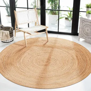 Craft Trade Handgewebt Natur Boho Jute Teppich Reversibel Geflochten Waschbarer Rund Juteteppich für Küche Wohnzimmer und Schlafzimmer- 180 cm