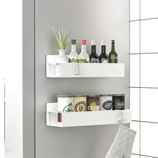LWLWA Magnetregale für Kühlschrank, Weiß Küchen Wandregal, 2 Stück | Gewürzregal Ohne Bohren Mit 4 Haken, 1 Große und 1 Kleine Größe, Magnetisches Regal, für Küche, Badezimmer und Schlafzimmer