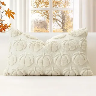 JOTOM 1 Stück Kürbis Kissenbezug, Plüsch Kurze Wolle Dekorativ Zierkissenbezüge Herbst Boho Kissenhüllen Sofakissen Moderne Kissenbezüge Herbstdeko für Wohnzimmer Garten (30x50cm, Creme Beige)