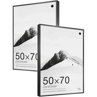 LIVINGTASTE 2 Stück Bilderrahmen 50×70 cm - Aluminium Schwarz Rahmen | gebürstet mit gehärtetem Glas Fotos Großer Fotorahmen für Poster und Wohnzimmer Kinderzimmer Deko Galerie