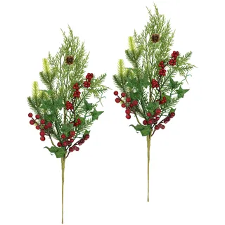 Künstlicher Beerenzweig Deko Zweig mit Beeren Zapfen Efeu Tannenzweige 2er Set 50cm groß AST Blumen künstlich Äste für Adventskränze Girlanden Weihnachtsdeko Floristik Kunstblume Kunstzweig, 50 cm