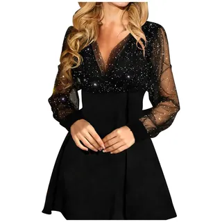 Generisch Glitzer Kleid Damen Partykleid Kleider V-Ausschnitt Chiffon Abendkleider Langarm A-Linien Abendkleid Frauen Festliches Kleid Elegant Cocktailkleid Club Oberteile