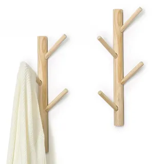 AceList Garderobe und Hutständer, stabiler Holz Garderobenständer, Kleiderhaken Wand mit 8 Hacken Flurgarderobe, 2 Stück (Holzfarbe)