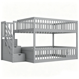 Merax Etagenbett 140x200cm Holz Treppe Schubladen Grau