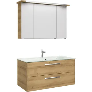 Saphir »Trentino 2-teilig Glas-Waschtisch, Spiegelschrank mit LED-Leuchte«, braun (eiche), Kastenmöbel-Sets, Badmöbel-Set 107cm breit, inkl. Türdämpfer, 3 Türen, 2 Auszügen