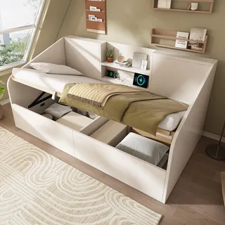 okwish Schlafsofa 90x190 Tagesbett mit abgerundeten Ecken und drei USB-Anschlüssen,Daybett Jugendbett mit 2 Ablagen und Bettkasten,Weiß(ohne Matratze) - Weiß