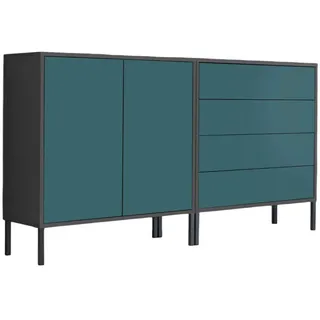 Mid.you Sideboard , Anthrazit, Petrol , Holzwerkstoff , 3 Fächer , 4 Schubladen , 158x86x33 cm , erweiterbar, stehend , Kleinmöbel, Kommoden, Sideboards