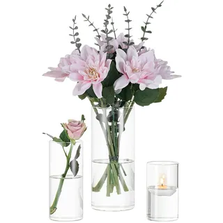 Glasseam Deko Vase Glas Zylinder Tischdeko, 3er Klar Vasen Set für Kerzen | Glaszylinder Windlicht, Blumenvase Modern Glasvase, Tulpenvase, Tischvase, Hochzeit, Wohnzimmer, 10x5.5/15x6.5/20x8.5cm