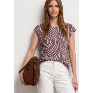 Shirttop STREET ONE, Damen, Gr. 34, lila (rustic rouge), Jersey, Obermaterial: 65% Polyester, 35% Viskose, gemustert, tailliert hüftbedeckend, Rundhals, abgesteppte Kante, Tops Shirttop, Sommershirt im Ausbrenner-Look/mit Allover-Print