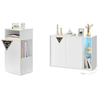 SONGMICS HOME Nachttisch Sideboard, superschnelle werkzeuglose Montage, Beistelltisch schmal 30x25x59,4cm, Aufbewahrungsschrank mit LED-Beleuchtung, verstellbare Ablagen Wohnzimmer, Schneeweiß