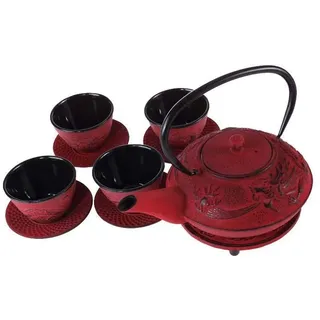 Lachineuse – Chinesisches Drachen-Teeservice – 1 Teekanne, 4 Tassen aus Gusseisen und Teesieb – Fassungsvermögen 0,8 l – Japan Asia Decor – Geschenkidee für japanisches Geschirr – Farbe Rot