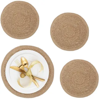 Relaxdays Tischset 4-teilig, für Esstisch, aus Wasserhyazinthe, Platzdecken, runde Telleruntersetzer, Ø 37 cm, natur