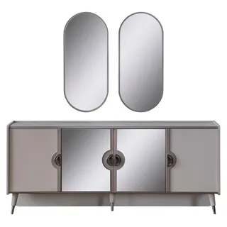 Graue Möbel Garnitur Designer 4-türiges Sideboard Exklusive Spiegel 3tlg - Grau
