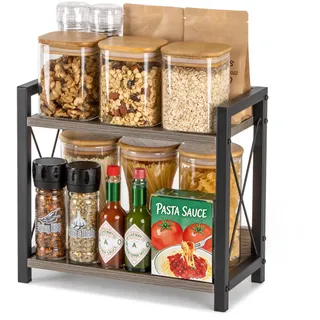 ANBOXIT Regal Küche Arbeitsplatte, Küchenregal Klein, Holz Kaffee Organizer, 2 Tier Kleines Regal für Küche Ecke, Büro, Badezimmer - Grau