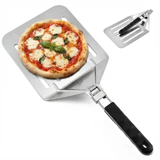 Pizzaschieber Edelstahl Perforiert, Pizzaschaufel Klein Klappbar, Pizzaheber Eckig mit Faltbar Griff Aufhängbare Platzsparend, 8 Zoll Pizza Schieber für Pizza, Brot, Flammkuchen (20,3 x 23 cm)