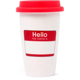 Thumbs up Keramikbecher mit Silikondeckel "Hello - My Name Is" zum selber beschriften 275 ml