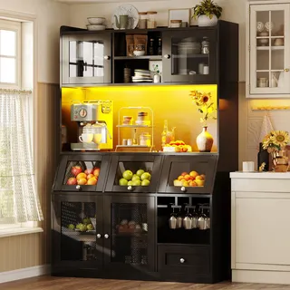 Flieks Küchenschränke mit USB-Anschluss, LED-Beleuchtung, Glastüren, Hochschrank mit großzügiger Arbeitsfläche, Sideboards 120x40x181.7cm, Schwarz - Schwarz