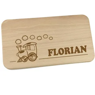 Personalisiertes Frühstücksbrettchen aus Holz mit Motiv und Name graviert Motiv Zug