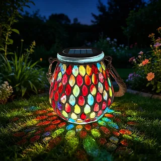 TOTHDATE 1PCS Solar Mosaik Leuchte Oval für Außen, On/Off Glas Mosaik Hängend Licht Solarlaterne Tischleuchte IP65 Wasserdicht für Rasen Pfad Hof Deck Boden Teich, Rot Mosaik Licht