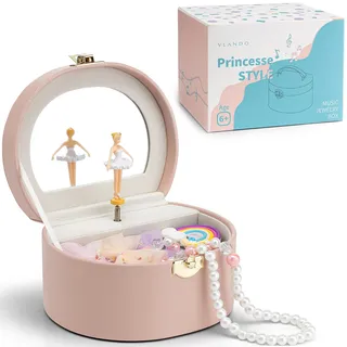 VLANDO Schmuckkästchen Mädchen mit Spieluhr, Schmuckkasten Kinder mit Drehendem Ballerina & Spiegel, Spielzeug Geschenk 4 5 Jahre Mädchen, Schmuckschatulle mädchen aus Leder mit DIY Aufkleber