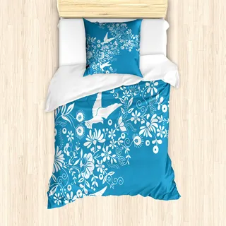 ABAKUHAUS Blau Mantele, Blumen fliegen Tauben Asian, Milbensicher Allergiker geeignet mit Kissenbezügen, 135 cm x 200 cm - 80 x 80 cm, Blau Weiss - Blau