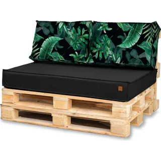 Palettenkissen 120 x 80 Set für Palettenmöbel Wasserdicht Europaletten Sitzkissen  EU Palettensofa komplett besteht aus 3 Teilen in Farbe: schwarz mit grünen Blättern - Schwarz, Grün