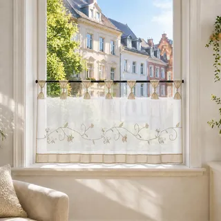 Joyswahl Scheibengardine Voile Bistrogardine Selina Bestickt 45x90 Sand | Küchengardinen mit Blumen-Stickerei Muster, Transparente Gardine, 1er Pack, Fenstergardine Landhaus, Kurzstore mit Schlaufen